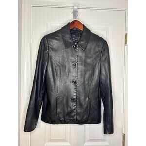 Valerie Stevens Black Leather Jacket Women Medium Button Tailored Blazer Coat